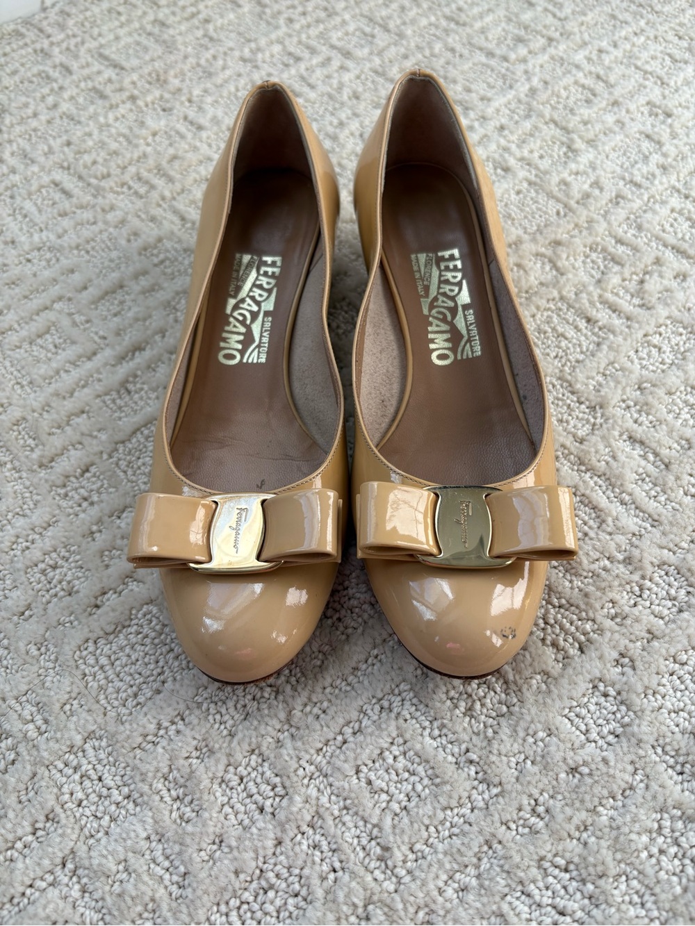 Salvatore Ferragamo Nude Patent Leather Bow Pumps